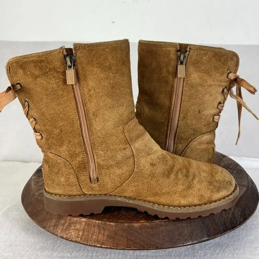 UGG Boots Kids Size 4 Corene Chestnut Suede Lace Up Side Zip